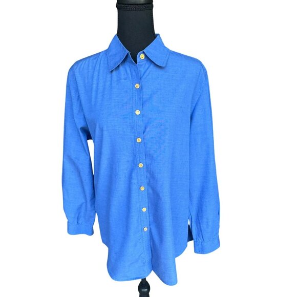 Doncaster Cobalt Blue Gold Button Dress Shirt 100% Cotton Workwear Quiet Luxury - Picture 1 of 10